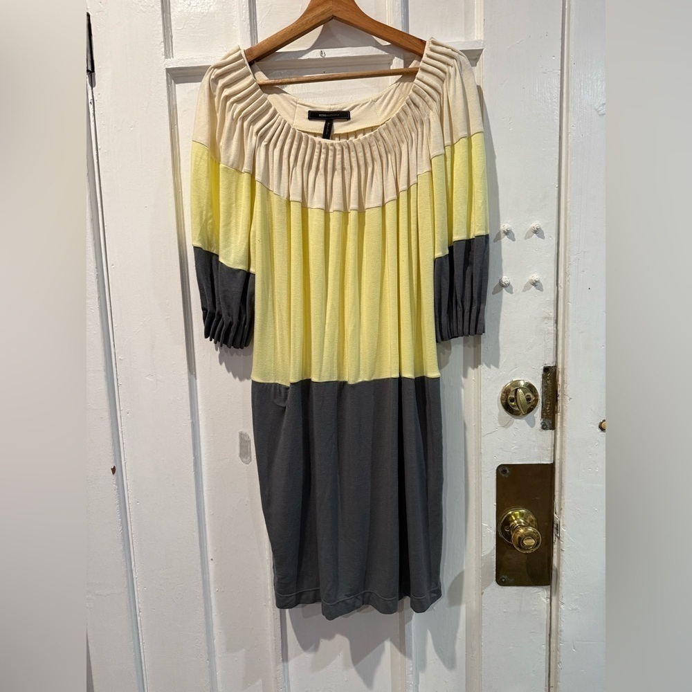BCBGMaxAzria Yellow, Cream, and Gray Midi Dress